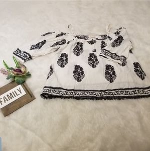 Entro Black and White Cold Shoulder Floral Blouse
